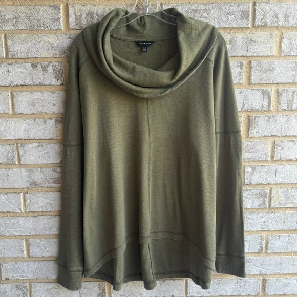 Lucky Brand Hi-Lo Long Sleeve Cowl Neck Olive Green Waffle Knit Sweater Size XL - Picture 2 of 8